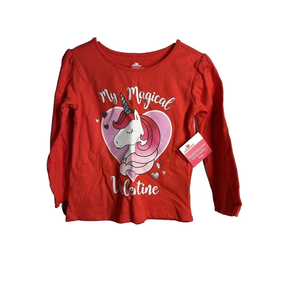 celebrate‎ valentines day toddler girls long sleeve red unicorn shirt size 2T